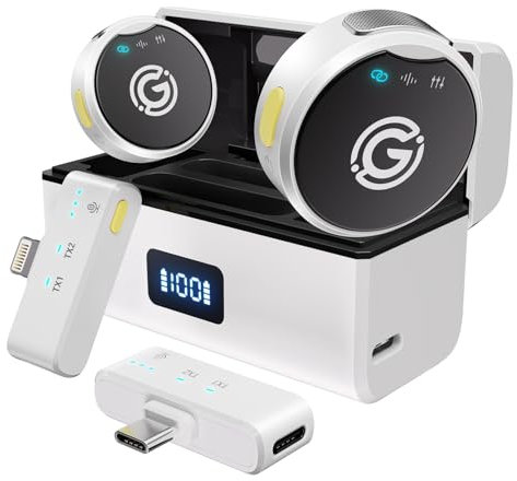 Gamiity Wireless Lavalier Microphone for iPhone/Android with Lightning, USB C Mini Lapel Microphone Wireless, Noise Cancellation, 35H Battery for Video Recording, Streaming - White