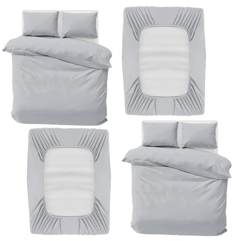 MOONLIGHT20015 Double Bedding Set 4 Piece Duvet Cover Fitted Sheet with Pillow cases Soft Brushed Microfiber Duvet Cover sets Silver (Pack of 2)