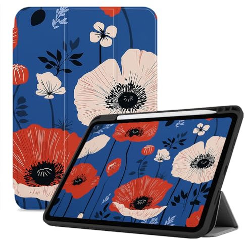 Étui pour Ipad 9 Génération 2021, Ipad 8 Génération 2020, Ipad 7 Génération 2019, Smart Cover Veille/Réveil Automatique, Ipad 7/8/9 (10,2 Pouces), Fleurs sur Fond Bleu