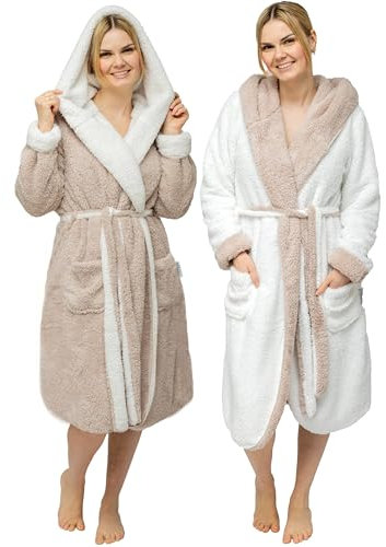 CalmyLIFE Bademantel Damen flauschig Morgenmantel - mit Wendefunktion kuschelige Bademäntel mit Kapuze Kuschelbademantel (S, Taupe/Natur)