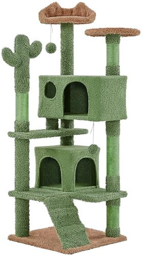 Soberine Albero per Gatti Design Cactus Alto 138 cm Tiragraffi Alto a Più Livelli con Casetta Trespolo Graffiatoio e Pompon Cuccia per Gatti Verde e Marrone