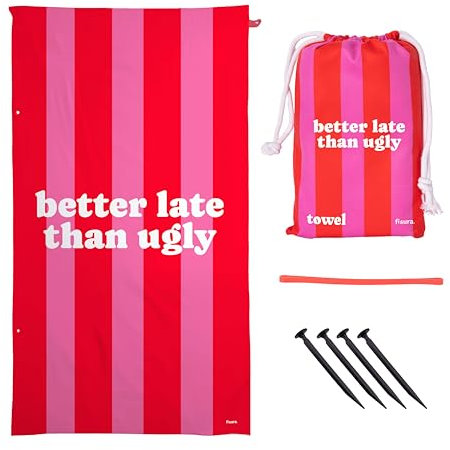 FISURA Großes Strandtuch Better Late Than Ugly aus Mikrofaser, Rosa und Rot, leicht, für Pool, Strand, Camping, Picknick, Anti-Sand, schnelltrocknend, originelles Geschenk, 180 x 100 cm