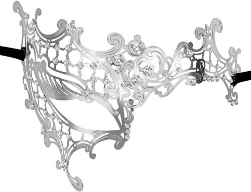 Flongo Kristall Maskerade Maske für Damen: Silber Venezianische Halbmaske mit Strass Einauge Metall Hohlmaske für Fasching Karneval Party Hochzeit Glamouröses Kostüm Accessoire