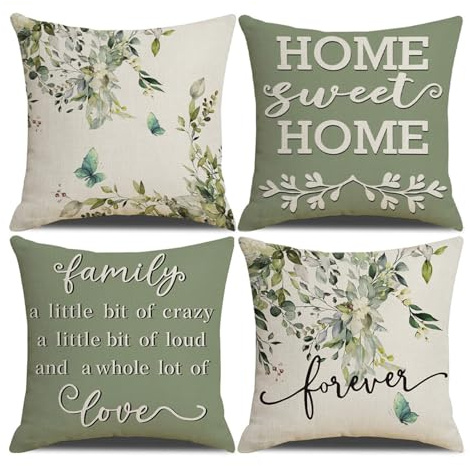 Auriselle 4er Set 45x45 cm Leinen Kissenbezug, Kissenhülle SofaModerne DekoText Botanisches Blumen Schmetterlinge Sofa Wohnzimmer Schlafzimmer Unsichtbarer Reißverschluss, Grün