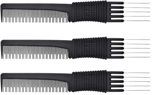RLMVGBX Teasing Combs with Metal Lift Prongs, 3 Pack, Black | Three black styling combs with fine teeth and five metal lift prongs for sectioning, backcombing, lifting and finishing