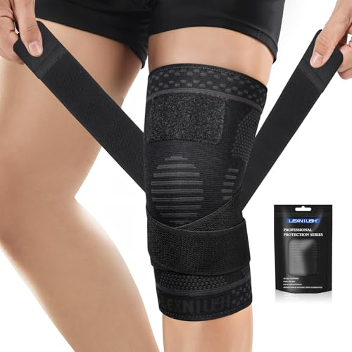 Lexniush Kniebandage für Männer/Frauen, Kompression Kniestütze mit Verstellbarer für Arthritis, Meniskusriss, ACL, Knieschmerzen, Knieorthesen Rechts/Links Bandage Knie für Laufen, Sport Schwarz, XXL