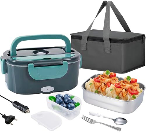 JUPPLIES Fiambrera Eléctrica 1.5L y 60W para Trabajo con Bandeja de Acero Inoxidable – Calentador Portátil para Coche, Camión u Oficina 12V/24V/220V