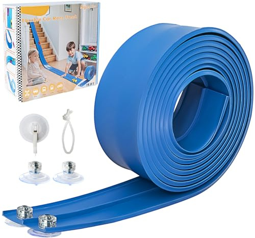 Flex Track 4.5m Starter Set, Flexible Race Car Ramp Track for Ages 3 & Up with Suction Cups Compatible with Diecast 1/64th Cars (Blue)