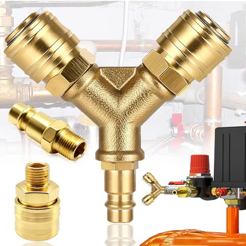 Benaton Distributeur d'Air Comprimé en Laiton 2 Voies, Raccord enfichable en Y pour air comprimé, Y 1/4 pour Compresseur - Raccord Double Rapide NW 7,2 AG - Pour Deux Outils Simultanément