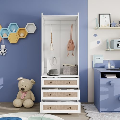 phosir Kleiderschrank Weiß 180 cm Höhe,Garderobenschrank mit 3 Schubladen & Kleiderstange,Schmaler Schrank,Aufbewahrungsschrank mit Rattan-Optik,Für Flur, Schlafzimmer & Wohnzimmer,70×48×180 cm
