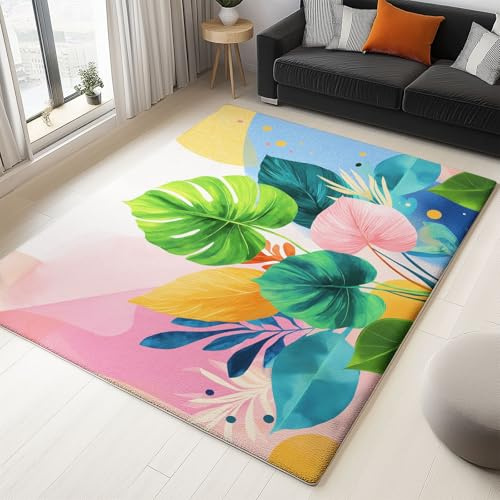 Teppich Wohnzimmer Tropische Pflanzen Für Schlafzimmer Jugendzimmer Deko, Flanell Weich Kurzflor Teppiches, Abstrakt Geometrisch Blatt 180 X 240 cm, Waschbarer rutschfest Mehrfarbig