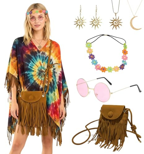 RAOPNHS 6 Stück Hippie Kostüm Damen Set, 70er Jahre Outfit Accessoires, Fransen Tasche Sonnenbrille Blumen Stirnband Schmuck für 80er Jahre Outfit Damen Fasching Karneval Party