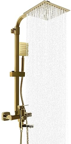 Colonna doccia Set doccia miscelatore vasca da bagno 3 getti ottone oro | Ottone Lucido, 3 Uscite d'Acqua, Altezza 85-124 cm, Doccia 20 x 20 cm, Tubo Inox 1,5 m per Bagno