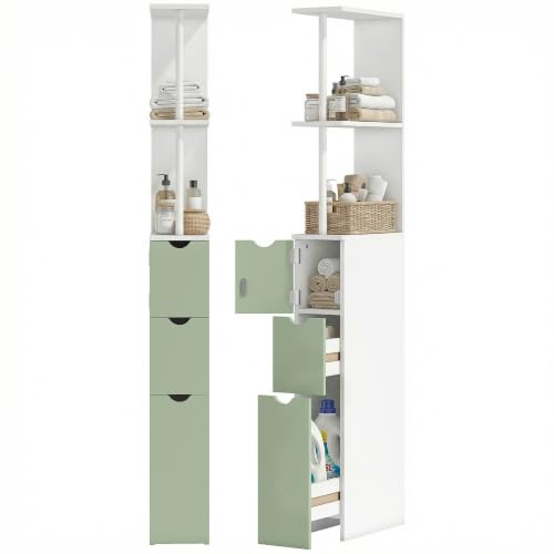 HOMCOM Tall Bathroom Cabinet Freestanding Slim Narrow White and Light Green | Bathroom Storage Cabinet, 2-Tier Open Shelf, 2 Drawers, for Small Space, Cupboard Storage Unit