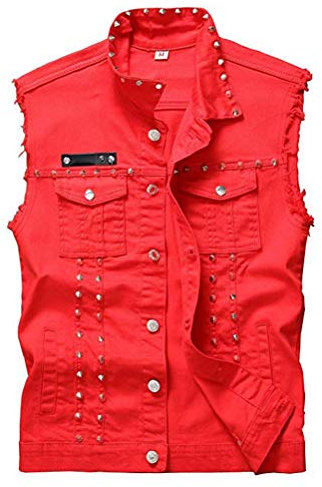 DSDZ Herren Punk Denim Weste ärmellose Jeansjacken mit Nieten, rot, Medium