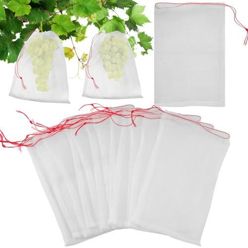 KINGKAKE 10Stück 25x35cm Traubenschutzbeutel Groß Mesh Tasche Fruchtschutzbeutel mit Nylon Kordelzug Netzbeutel für Garten Zum Verhindern Wespen Fruchtfliegen Insekt Vögel