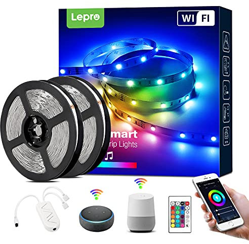 Lepro Smart LED Strip 10M, 5Mx2,Musiksteuerung, Wifi LED Streifen, RGB Dimmbar 300 LEDs, Wlan LED Band, Lichtband Selbstklebend, Lichterkette mit Fernbedienung, Kompatibel mit Alexa, App, Google Home