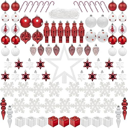105pcs Christbaumschmuck volles Set aus rot und Weiss weihnachtskugeln Kunststoff bruchsicher, einschließlich Kugeln weihnachtkbaum Schneeflocken Sterne Tannenzapfen Perlen Girlanden Red