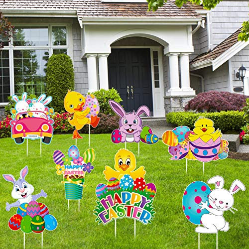 HOWAF 8pcs Ostern Gartenschilder für Ostern Draußen Deko, Ostern Hof Schild Dekorationen für Gartendeko, Ostern Jagd Pfeile Warnschilder, Ostern Rasen Straße Freien Deko Requisiten Ostern Pfeilen
