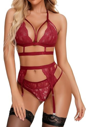 RSLOVE Damen Dessous Set Spitze Teddy Bügel Babydoll Bodysuit mit Strumpfgürteln sexy BH und Höschen Sets Wein Rot Medium