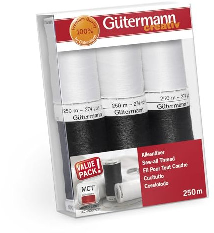 Gütermann creativ Nähfaden-Set mit 6 Spulen Allesnäher 250 m in Schwarz und Weiß 734000-6