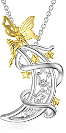 ROMANTICWORK Elf Kette Sterling Silber Fee Schutzengel Anhänger Halskette Engel Mond Halskette Schmuck Geschenke für Damen Mädchen