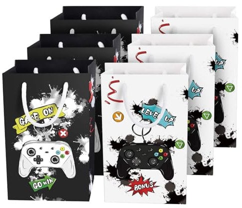 WERNNSAI Video Game Party Favor Bags - 16 PCS Watercolor Gaming Goodie Bags for Kids Game Birthday Party Supplies Game Candy Treat Loot Gift Bags with Handle for Boys Baby Shower Game Night Decoration