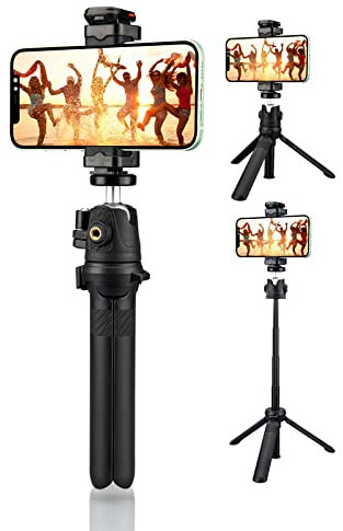Handy Stativ Fernauslöser, Lammcou Mini Selfie Stativ mit 23cm Verlängerungsstange, Leicht Kleines Tripod mit Große Hand Griffe & Blitzschuh Adapter für Vlog Live Streaming