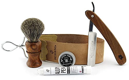 Jag Shaving Rasierset – 5-teiliges Rasierset – Nachhaltig – Rasierset – Rasierpinsel aus Holz – Rasiermesser – Leder-Streichriemen – Schleifpaste – Alaunstab – Echter Abzieh-Streichriemen
