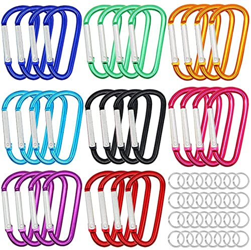 H&W 32 Pcs Carabiner Clip,46mm Small Carabiner Keychain D Ring 8 Colors,Aluminum Durable Spring Snap Hooks with Gift Steel Rings 32pcs for Outdoor Camping Hiking Fishing