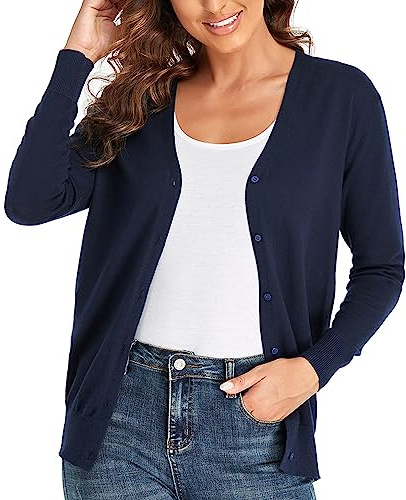 CUNYI Gilet Femme, Chandail Tricot avec Boutons pour Femme, Pull Veste Cardigan Col V Manches Longues Classique, Bleu Marine XL