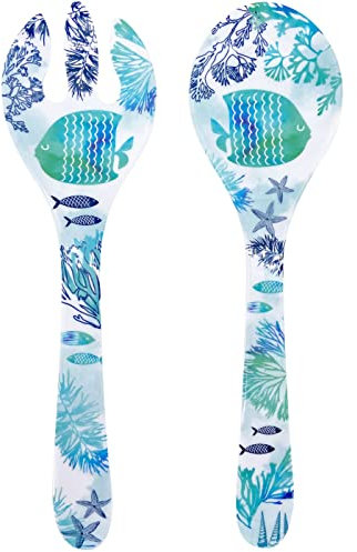 Les Jardins de la Comtesse - Couverts à salade en Mélamine - Caraïbes - 33 cm - Bleu Mer et Poissons - Service de Table de la Vaisselle Quasi-Incassable MelARTmine