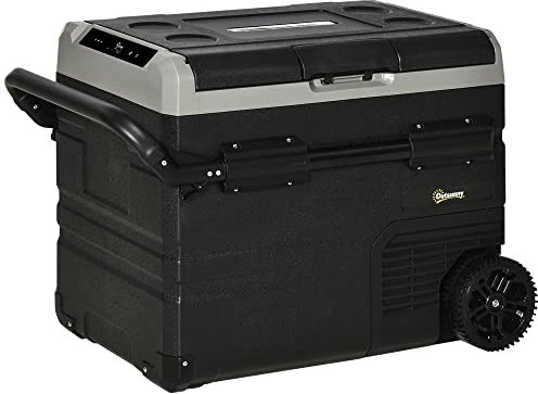 Outsunny 50L Car Refrigerator, Portable Compressor Cooler Box, Fridge Freezer w/Inner LED Light, Foldable Handles, Cup Holders, 12/24V DC and 110-240V AC for Campervan RV Boat Travel Down to -20℃