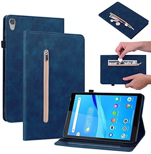 SATURCASE Funda para Lenovo Tab M8 HD TB-8505F 8505X, Multifunción PU Cuero Flip Wallet Stand Ranuras para tarjetas Banda elástica Cremallera Bolsillo Titular de la pluma Cubierta protectora (Azul)