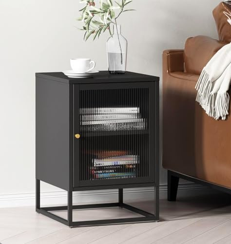 Hallowood Furniture Bewdley Small Black Metal Cabinet with Glass Door | Metal Bedside Tables for Living Room or Bedroom, Side Table with Cupboard, Industrial Telephone Table, Black Glass Nightstand