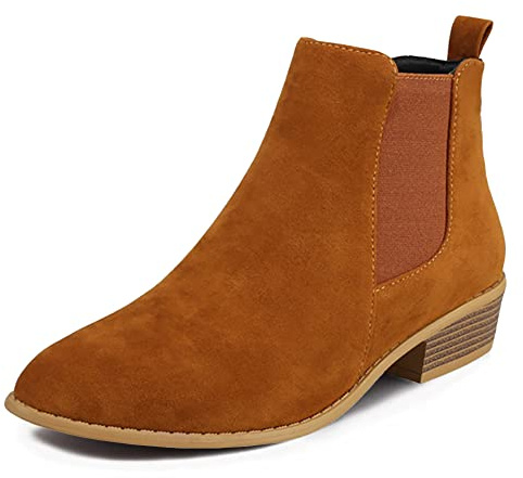Dernolsea Chelsea Boots - Stivaletti da donna, in finta pelle scamosciata, tacco basso stile western, con cerniera, Camoscio marrone chiaro., 37 EU