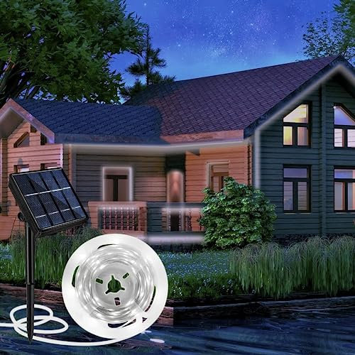 Aitesuo Solar LED Strip 5m, Kaltweiß 6000K Solarbetriebene LED Streifen Außen, 180 LEDs, 8 Modi, Schneidbar, IP65 Wasserdicht, LED Band Selbstklebend für Garten, Terrasse, Balkon, Treppe, Camping