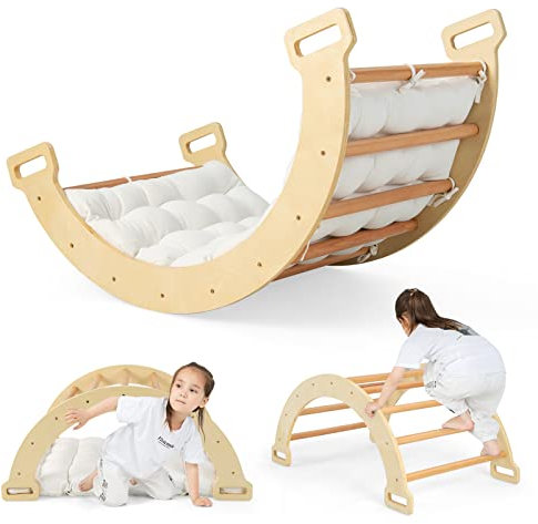 COSTWAY Toddler Climbing Frame, Kids Wooden Arch Climber Ladder with Cozy Cushion, Indoor Montessori Play Gym (Natural)