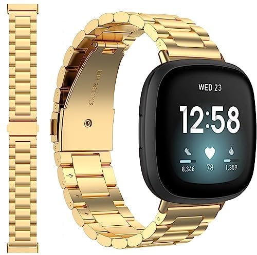 Miimall Kompatibel mit Fitbit Versa 4 Armband, Ultradünne Edelstahl Metall Uhrenarmband [Doppelte Faltschließe] Verstellbares Ersatzarmband für Fitbit Versa 3/Versa 2/Sense 2/Sense-Gold