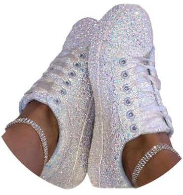 Minetom Freizeitschuhe Damen Pailletten Flache Low Sneaker Atmungsaktiv Glitzer Turnschuhe Outdoor Sportschuhe Laufschuhe Schuhe Schnürsenkel Walkingschuhe A Weiß 41 EU
