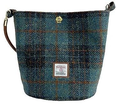 TAILORMAP Harris Tweed Frauen Bucket Bag Schultertasche Handtasche mit zwei Arten von Lederriemen, Marineblau