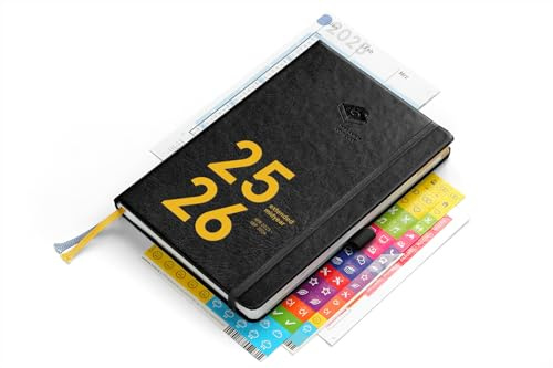 weekview compact extended midyear 25/26 A6+ Plus – Wochenplaner & Personal Organizer Apr 25–Sep 26 | Gummiband, Lesebänder, Sticker, Tafelkalender, Froschtasche, Stiftschlaufe, Griffregister