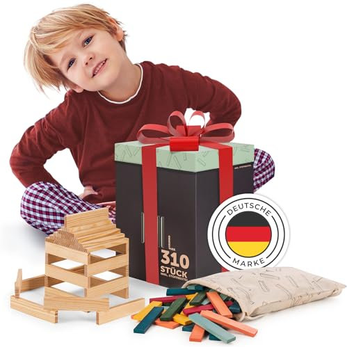Laleni Bausteine Set - Bausteine Holz Natur 220 Stück + Bauklötze Holz Bunt 90 Stück aus 100% Kiefer - Holzklötze für Kinder - Holzklötzchen zum Spielen mit Box - Holzspielzeug - Holzstäbe zum Basteln
