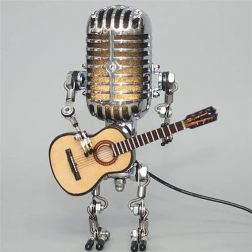 Qklovni Vintage Microphone Robot Desk Lamp, Metal Microphone Robot Lamp with Mini Guitar, Vintage Light Home Decor Nightstand Desk Lamp for Bedroom, Bar, Restaurant (Classical)