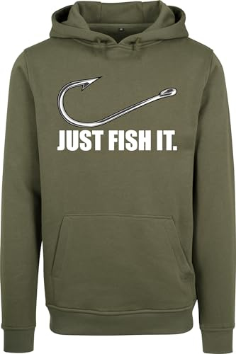 Baddery Angler Hoodie Herren - „Fish It“ (Oliv XL) | Kapuzenpullover für Angler und Hobbyangler
