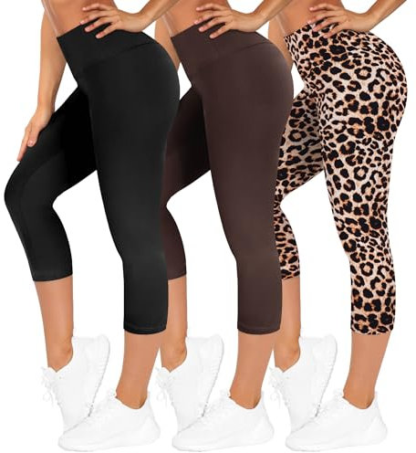 TNNZEET 3er Pack Capri Leggings Damen 3/4 für Sport, 7/8 Leggins High Waist Hose Sporthose für Gym Yoga(Schwarz/Leopard/Kaffee,L-XL)