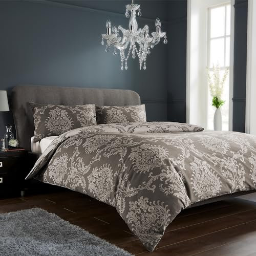 Olivia Rocco Royal Damask Duvet Cover Set Easy Care Quilt Covers With Pillowcases Cotton Rich Reversible Bedding Bed Linen Sets, Brown King