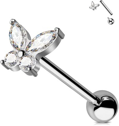 Jewseen Titan Tongue Ringe Schmetterling Zunge Barbell 14G Tongue Bars Intern Gewinde Zungenpiercing Bar Zunge Langhantel CZ Tongue Barbell