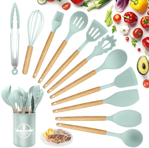 Silicone Kitchen Utensils, 22 Pieces, Set of Utensils Da Cucina per Pentole Antiaderenti, Heat and Non-Stick with Wooden Handle for Utensils BPA Free (Light Green)