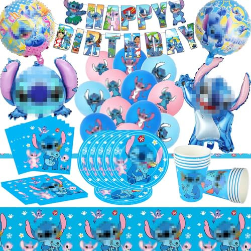 Sti-tch Geburtstagsdeko, Sti-tch Geburtstag Deko, Sti-tch Luftballons, 64 Stüks Sti-tch Deko Enthält Birthday Banner Tischdecke Luftballons Teller Becher und Servietten für Geburtstagsfeier